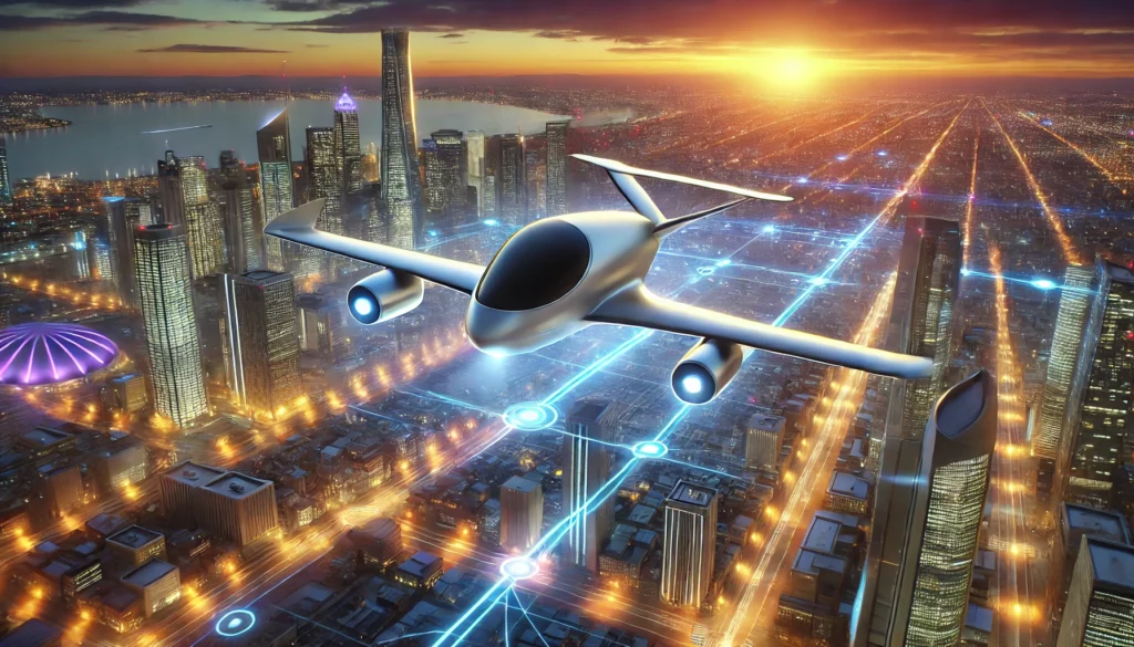 The Rise of Autonomous Flights: The Future of Air Travel A futuristic concept of an autonomous eVTOL aircraft flying over a bustling cityscape, showcasing the future of urban air mobility