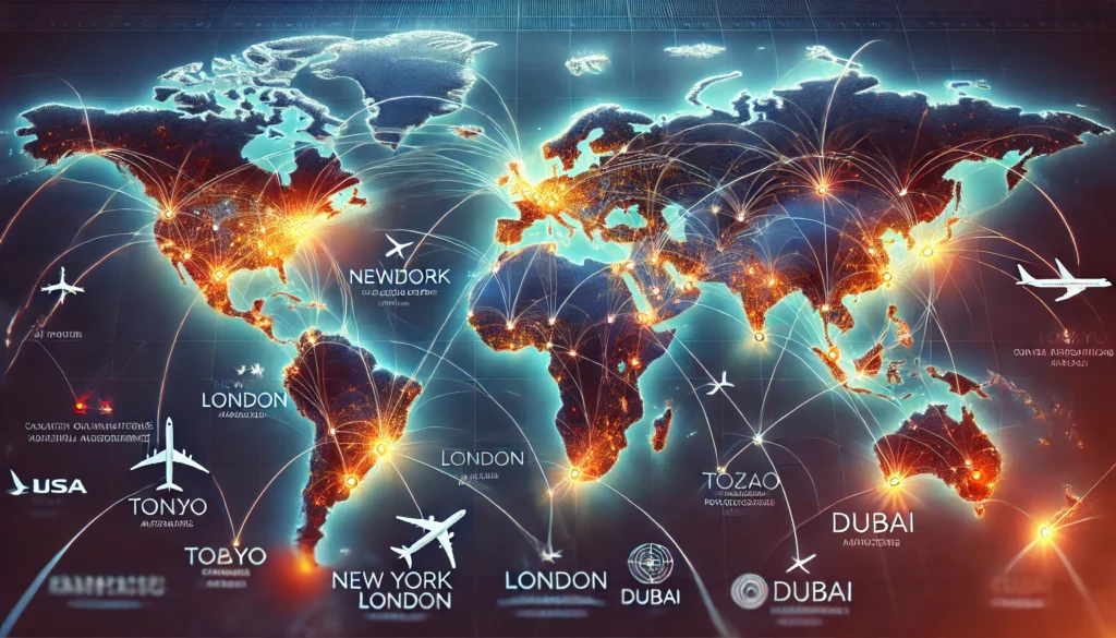 Unlocking the Sky: How Interline Agreements Enhance Passenger Experience A digital map showing an interline agreement connection between major global