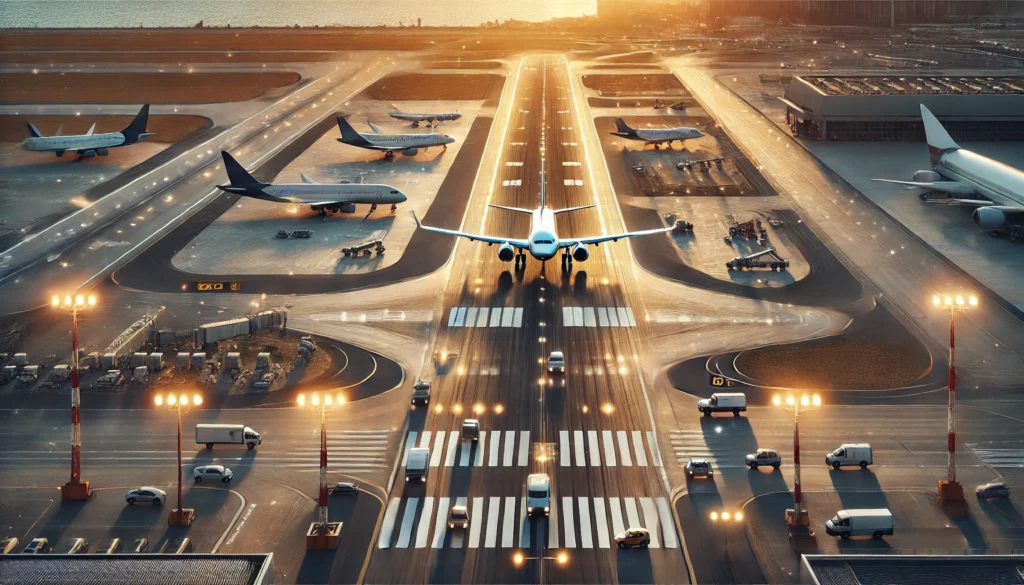 Runway Incursions: Why Are Rising and What Airlines Are Responding busy airport runway with planes taxiing, approaching for landing, and ground vehicles nearby